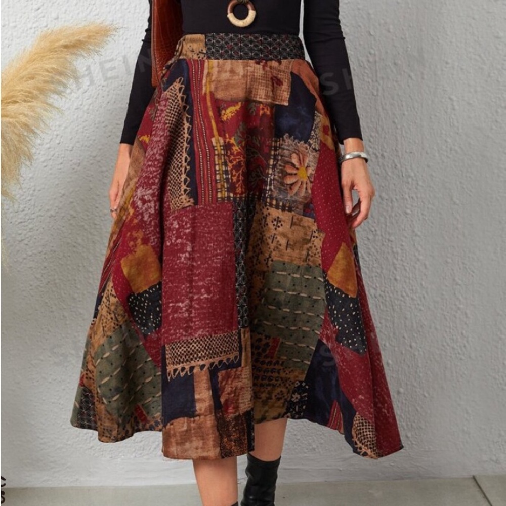 Patchwork high waist skirt with pockets